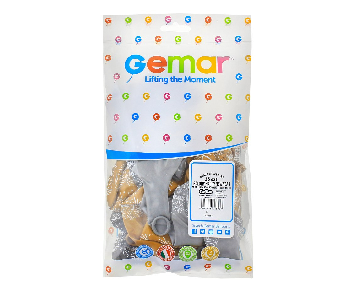 Balloons Gemar 12", happy new year, metallic gold, silver and black, 25pcs